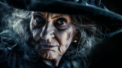 Old and scary witch with a big hat, old witch in a black dress and a magic hat. Halloween	