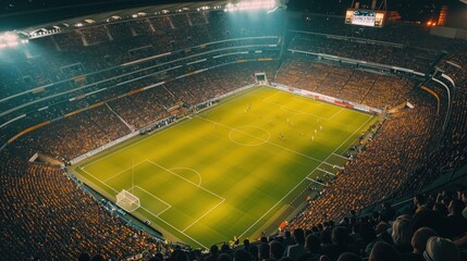 Expansive night view of a vibrant football match, with a sea of fans creating an electrifying atmosphere in the stadium.