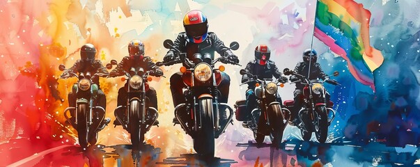 A dynamic shot of a motorcycle group, all riding bikes adorned with pride flags, leading the parade with a sense of pride and freedom