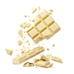 Broken white chocolate bar pieces falling isolated on white background.