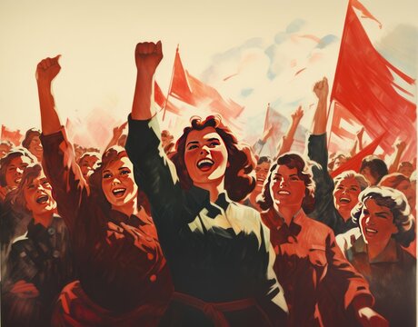 Soviet-inspired propaganda art: A depiction of a determined woman leading a group with raised fists