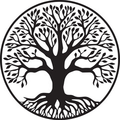 line art nature logo vector design oak tree inside circle, abstract tree logo symbol inside circle