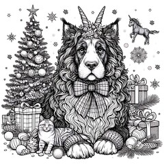 A dog with horns and a bow tie and a cat with a christmas tree image photo attractive harmony used for printing illustrator.