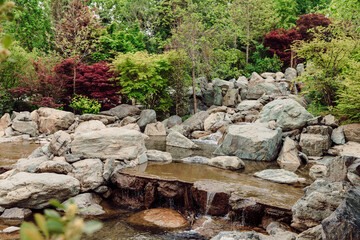 Japanese garden in Krasnodar park. Traditional japan park with river