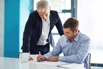 Business people, writing and mentor with deal, collaboration and corporate teamwork with planning....