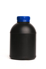 Black plastic jar isolated on the white background. Front view.