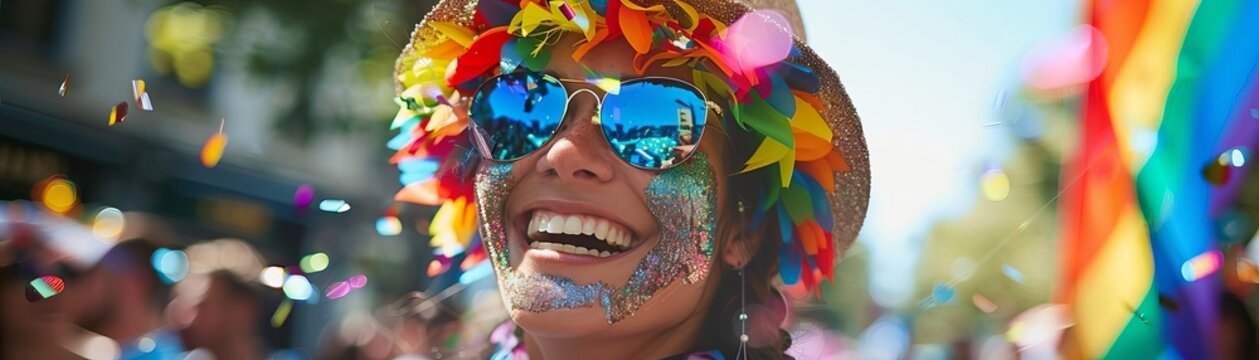 A participant in a pride parade dressed as a rainbow wizard, complete with a sparkling hat and a wand that releases biodegradable glitter into the air