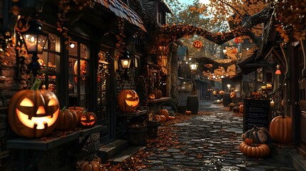A charming street lined with quaint shops and cafes, each adorned with Halloween-themed window displays, showcasing creative pumpkin carvings, spooky decorations, and tempting treats. 