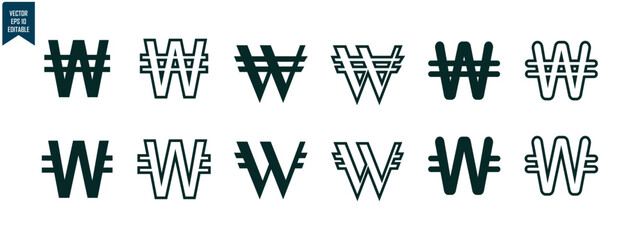 icon set of won currency, South Korea, simple design with outline and solid style, for business and graphic needs. vector eps 10 editable.