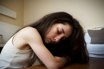 Fototapeta premium a young woman with depression, mental health decline, abuse, sad, unhappy, in deep thought, alone, isolated