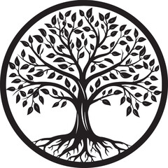 Obraz premium line art nature logo vector design oak tree inside circle, abstract tree logo symbol inside circle