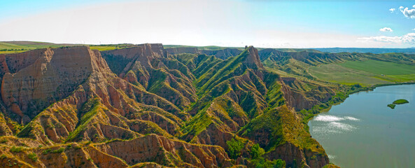 Panoramic view of cliffs on a sunny spring day.