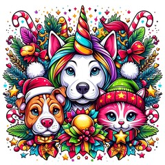 Fototapeta premium A dog unicorn and cat with christmas decorations image realistic harmony used for printing illustrator.