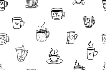 Seamless pattern of cups and mugs in doodle style. I love tea, tea time, coffee time, cup of coffee, mug of tea, travel mug. Mug in hand. Hand drawn. Vector illustration. Isolated on white background