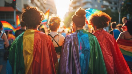 Individuals at a pride parade dressed in superhero costumes with rainbow capes, symbolizing strength and resilience in the LGBTQ community