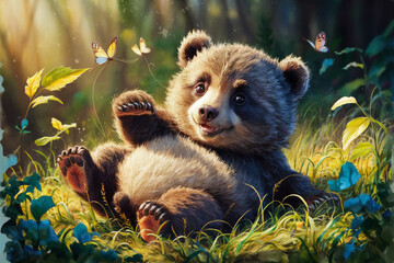 Enchanting forest scene featuring a realistic baby bear surrounded by fluttering butterflies in a sunlit woodland setting. The baby bear lies playfully on its back among lush green foliage and dappled