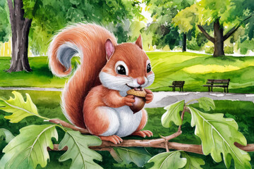 Charming watercolor of a red squirrel perched on a tree branch, nibbling on a nut. The setting is a lush park with detailed greenery and benches in the background.