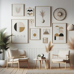 A Room with a template mockup poster empty white and with a chair and a table and a plant art realistic lively card design.