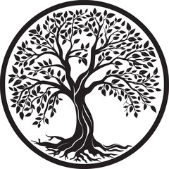 line art nature logo vector design oak tree inside circle, abstract tree logo symbol inside circle