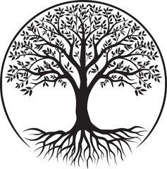 line art nature logo vector design oak tree inside circle, abstract tree logo symbol inside circle