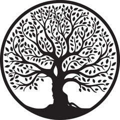 line art nature logo vector design oak tree inside circle, abstract tree logo symbol inside circle