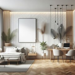 A Room with a template mockup poster empty white and with a bed and a desk and plants art harmony lively has illustrative meaning.