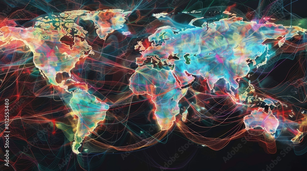 Poster artistic depiction of a world map with interconnected lines representing unity