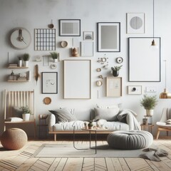 A Room with a template mockup poster empty white and with a couch and pictures on the wall image art realistic harmony.