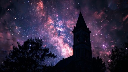 Backlit silhouette of a church bell tower against a starry night sky, inspiring awe and wonder - obrazy, fototapety, plakaty