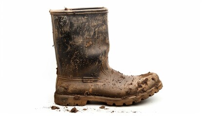 dirty old wellington leather boot isolated on a white background