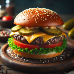 hamburger on a wooden plate background