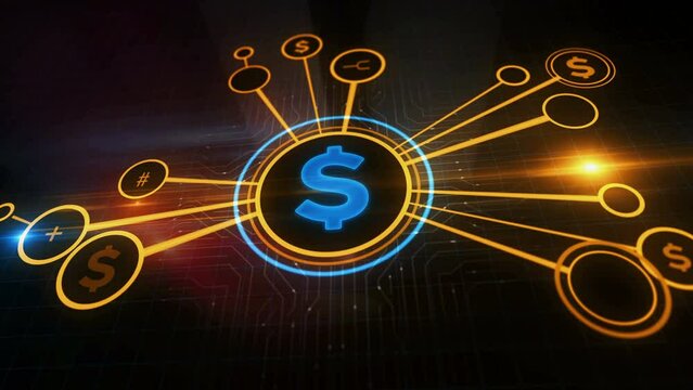 Dollar money USD finance symbol digital concept. Cyber technology and computer network background abstract 3d animation.