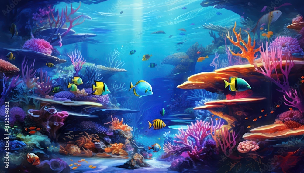 Wall mural Tropical fish in the underwater, coral reef, amazing underwater life, various fish and exotic coral reefs, ocean wild creatures background