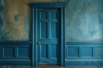 Classic blue door with distinctive vintage charm set in a wall with peeling paint, conveying age and history