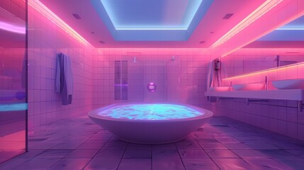 Futuristic Fusion Powered Bathroom Bathed in Radiant Chromatic Illumination - obrazy, fototapety, plakaty