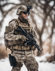 Fototapeta premium portrait of American commando with camouflaged face, isolated white background. 