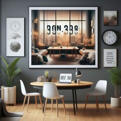 A Room with a template mockup poster empty white and with a table and chairs realistic photo harmony card design.
