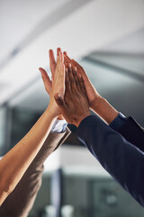 Teamwork, hands together and business people in office with support, partnership and goal trust....