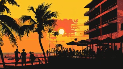Bold silhouette of a beachfront resort bustling with holidaymakers