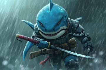 Illustrated anthropomorphic shark warrior ready for battle, holding a katana in a rainstorm setting