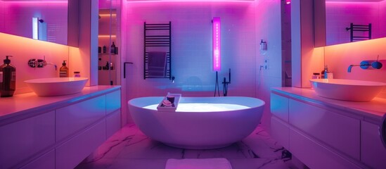 Quantum Quarters Bathroom Advanced Smart Features and Vivid Futuristic Style - obrazy, fototapety, plakaty