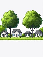 Illustration of a street in a cottage town, a row of country houses and green trees on a white background, the concept of living in the country or in the suburbs in modern cottages