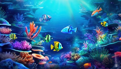 Tropical fish in the underwater, coral reef, amazing underwater life, various fish and exotic coral reefs, ocean wild creatures background