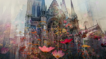 Captivating double exposure intertwining a cathedral facade with a field of vibrant wildflowers, evoking feelings of awe and reverence