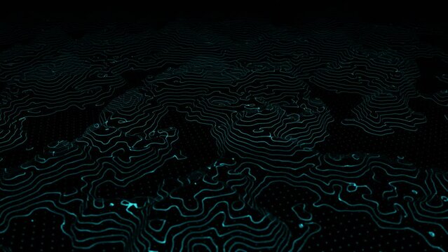 Topographic map with valleys and mountains. Seamless 3d animation of geographic contour map. Digital landscape.