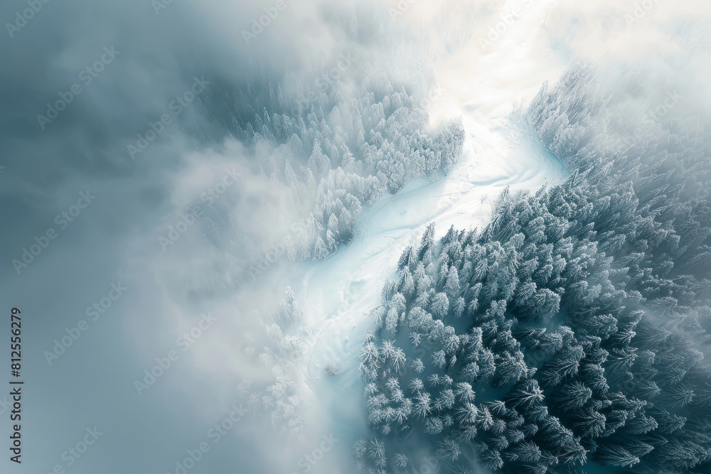 Aufkleber snow blankets a dense forest seen from above, creating a winter wonderland in soft diffused light