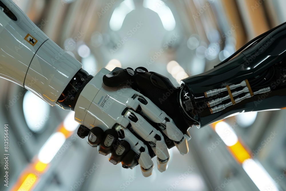 Poster closeup of a robotic handshake in a tunnel, showcasing the interaction between two mechanical beings
