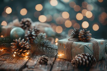 Holiday themed decoration with assorted gift boxes and pine cones displayed on a rustic wooden table