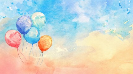 Fototapeta premium Charming watercolor depiction of balloons against a pastel sky
