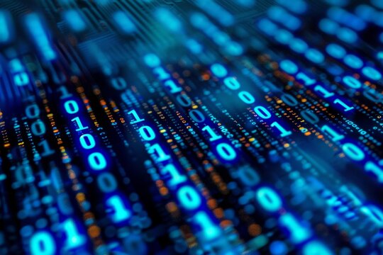 A detailed view featuring a blue background filled with binary code, showcasing the digital data displayed on a computer screen